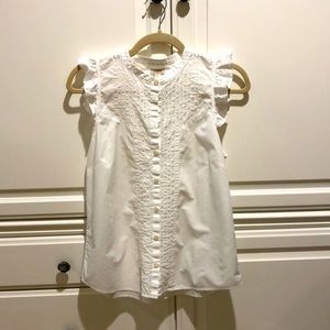 J.Crew sleeveless white button down top with ruffled edge of arm. Size 8
